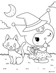 Kuromi Witch and Cat Halloween Coloring Page