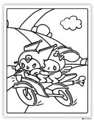 Kuromi and Friend Riding a Motorcycle on a Hill Coloring Page