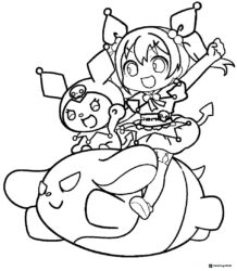 Kuromi and Girl Riding Elephant Coloring Page