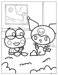 Kuromi and Keroppi Sitting with Nature Background Coloring Page