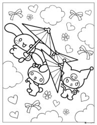 Kuromi and My Melody Coloring Page Gliding with Hearts and Clouds