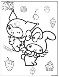 Kuromi and My Melody Coloring Page with Sweets and Fruit