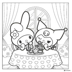 Kuromi and My Melody Having Tea at a Heart Table Coloring Page