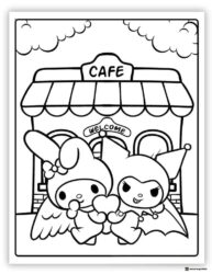 Kuromi and My Melody Holding a Heart Outside a Cafe Coloring Page