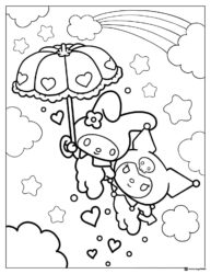 Kuromi and My Melody Under Umbrella with Rainbow and Clouds