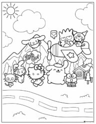 Kuromi and Sanrio Friends Flying a Plane in Mountains Coloring Page