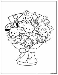 Kuromi and Sanrio Friends in a Flower Bouquet Coloring Page