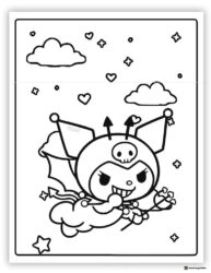 Kuromi flying with bat wings and a wand coloring page