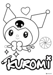 Kuromi head with heart and candy coloring page