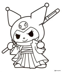 Kuromi in Kimono Holding a Stick Coloring Page