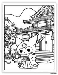 Kuromi in Kimono Outfit in Front of Temple Coloring Page