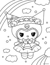 Kuromi in Ornate Outfit with Rainbow and Clouds Coloring Page