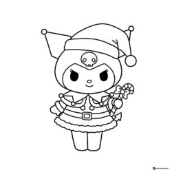 Kuromi in a Christmas Outfit Holding a Candy Cane Coloring Page