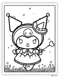 Kuromi in fancy dress with heart wand coloring page