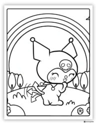 Kuromi with Rainbow and Trees Coloring Page