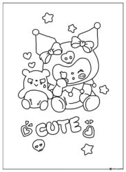 Kuromi with bows bear and Cute text coloring page