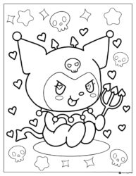 Kuromi with devil pitchfork hearts skulls coloring page
