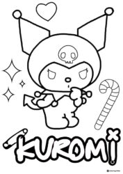Kuromi with heart candy cane and sparkles coloring page