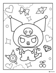Kuromi with hearts bat and bow coloring page