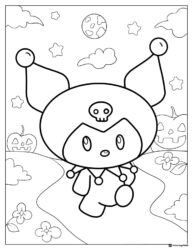 Kuromi with pumpkins and bats Halloween coloring page