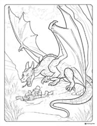 Large dragon roaring over a fallen knight coloring page