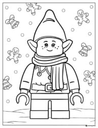 Lego Elf Coloring Page with Gingerbread Men and Bells