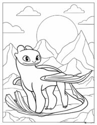 Light Fury coloring page with mountains and sun