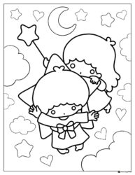 Little Twin Stars flying with a magic wand coloring page 1