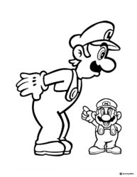 Luigi bending down to a small Mario coloring sheet