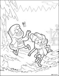 Mabel and Dipper Coloring Page running from butterfly