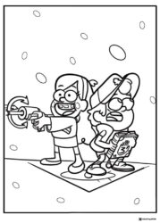 Mabel and Dipper Pines fighting monsters coloring page