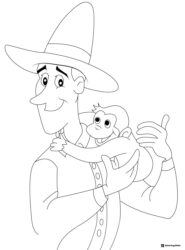 Man in hat holding Curious George coloring sheet