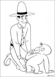 Man in hat looking at Curious George coloring sheet