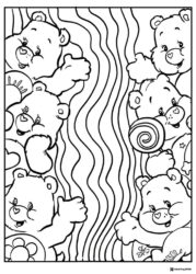 Many Care Bears Coloring Page with Swirls and Sweets