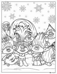 Many Trolls characters and snowflakes coloring page