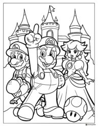 Mario Luigi Peach and Toad in front of castle coloring page