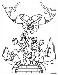 Mario and Luigi jumping with monster in background coloring page