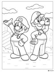 Mario and Luigi posing in a cityscape coloring sheet