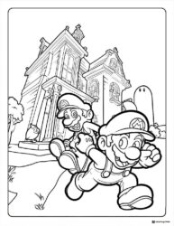 Mario and Luigi running from ghost house coloring page