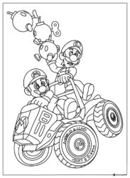 Mario and Luigi throwing bombs on karts coloring page