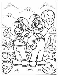 Mario and Luigi with mushrooms in landscape coloring page