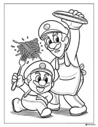 Mario eating spaghetti Luigi holding tray coloring page
