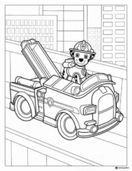 Marshall Driving Fire Truck Coloring Page in City Setting