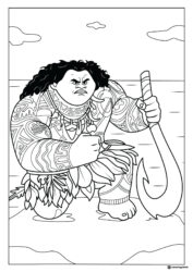 Maui Coloring Page with Fish Hook and Clouds