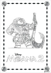 Maui Coloring Page with Fish Hook and Moana 2 Title