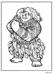 Maui Coloring Page with intricate tattoos and grass skirt