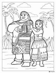 Maui and Moana Coloring Page standing together palm trees