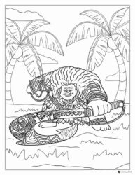 Maui with Magical Hook Coloring Page under Palm Trees