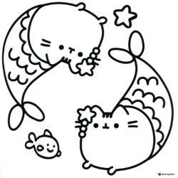 Mermaid Pusheen with Fish Coloring Page