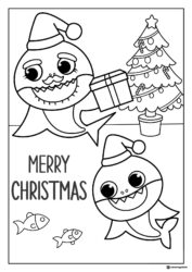 Merry Christmas Baby Sharks coloring page with tree and gifts